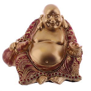 Buddha Happy figur BUD295 guldfarvet polyresin med rødt stof h12cm - Se flere Happy Buddha figurer
